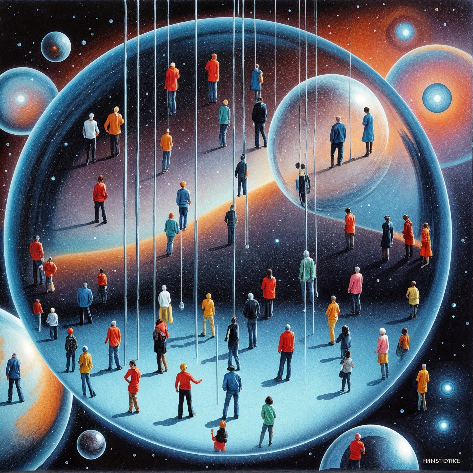 Vibrant Cosmic Landscape with Bubbles and Figures