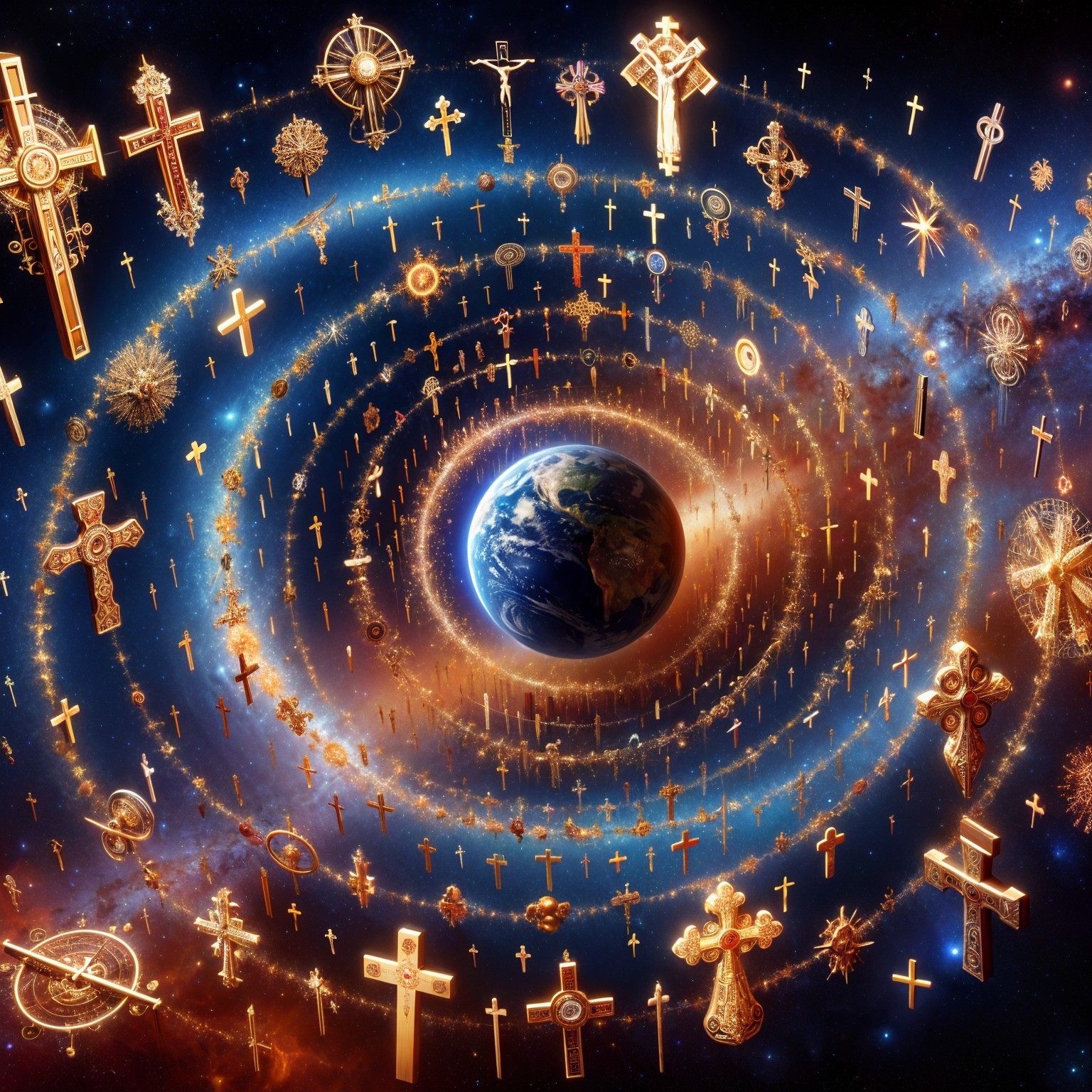 Cosmic Scene with Earth and Spiritual Symbols