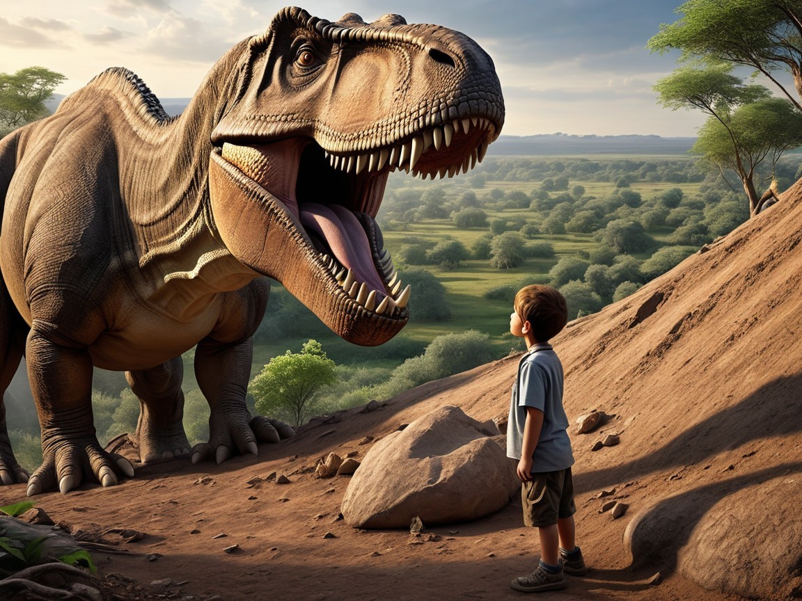 Young boy gazing at a towering Tyrannosaurus rex