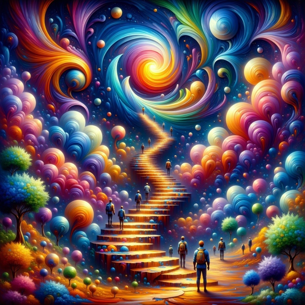 Surreal Landscape with Spiraling Staircase and Colors