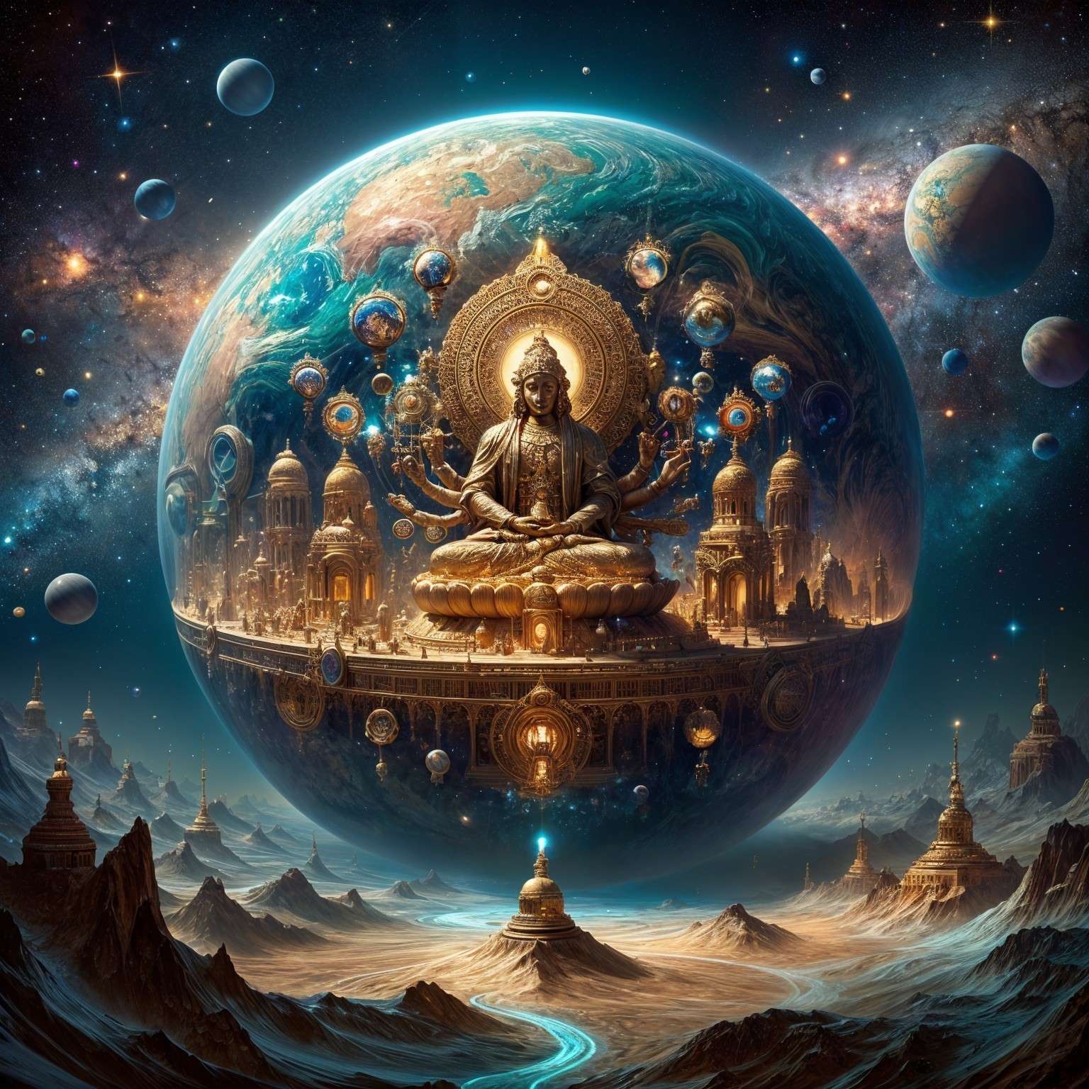 Cosmic Landscape with Meditative Figure and Temples
