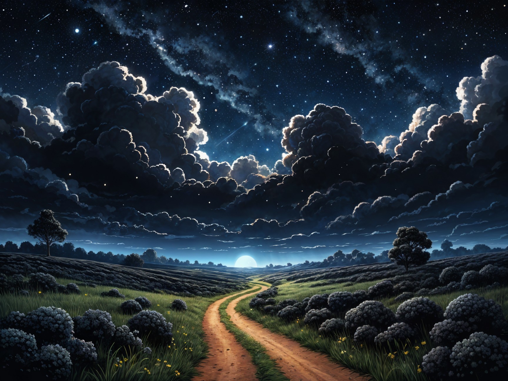 Winding Path Through Lush Landscape Under Starry Sky