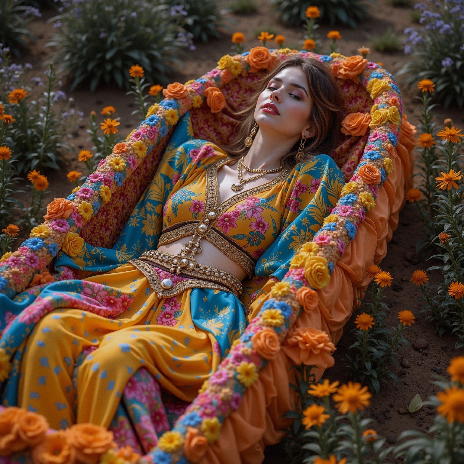 Woman in Traditional Outfit in Flower-Adorned Cradle