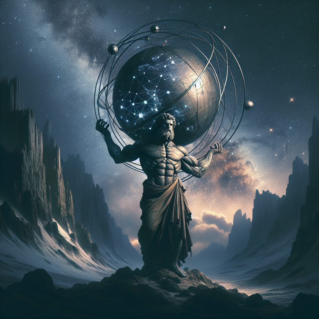 Majestic Figure with Celestial Globe in Cosmic Landscape