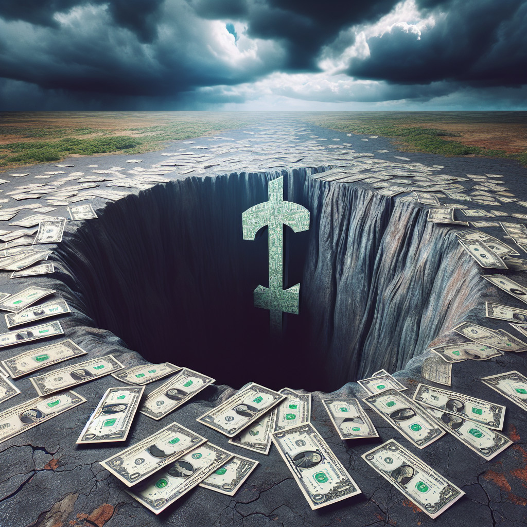 Surreal Landscape with Dark Pit and Dollar Symbol
