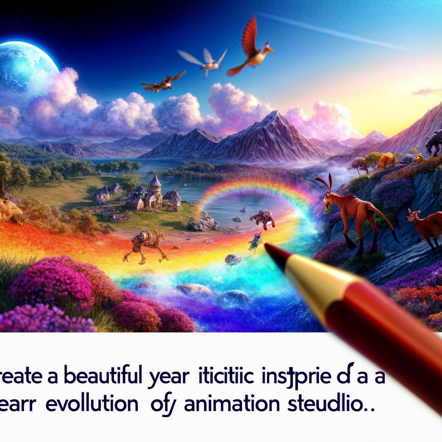 Vibrant Landscape with Whimsical Creatures and Mountains