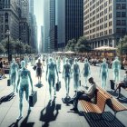 Urban street with translucent figures and skyscrapers