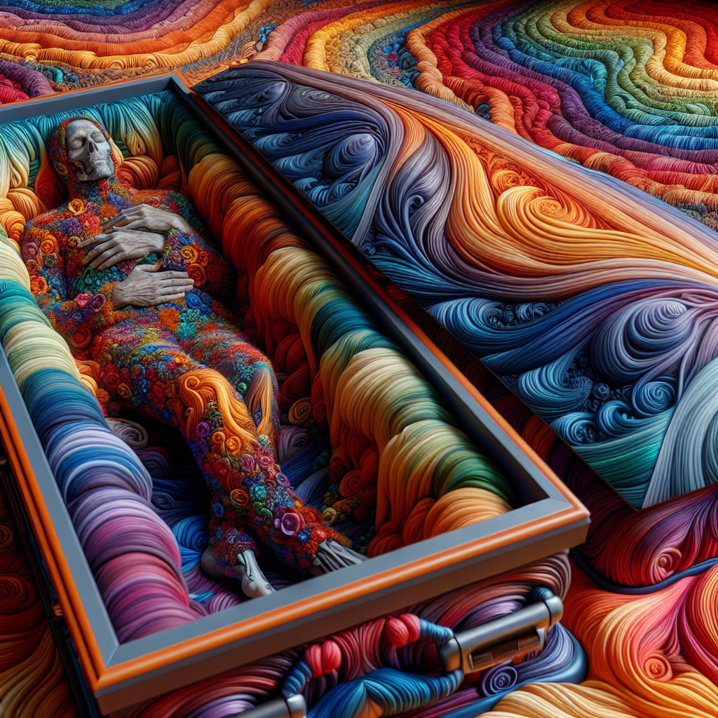 Surreal Scene of Decorated Coffin with Vibrant Patterns