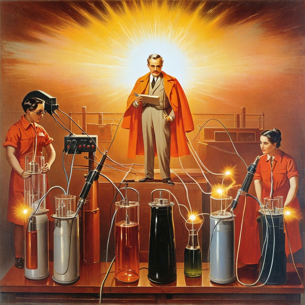 Scientist in Orange Cape with Lab Assistants and Apparatus