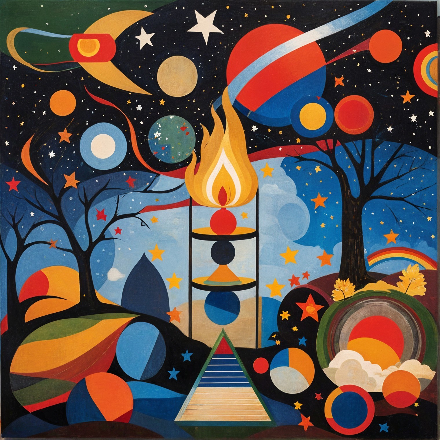 Vibrant cosmic scene with colorful planets and shapes