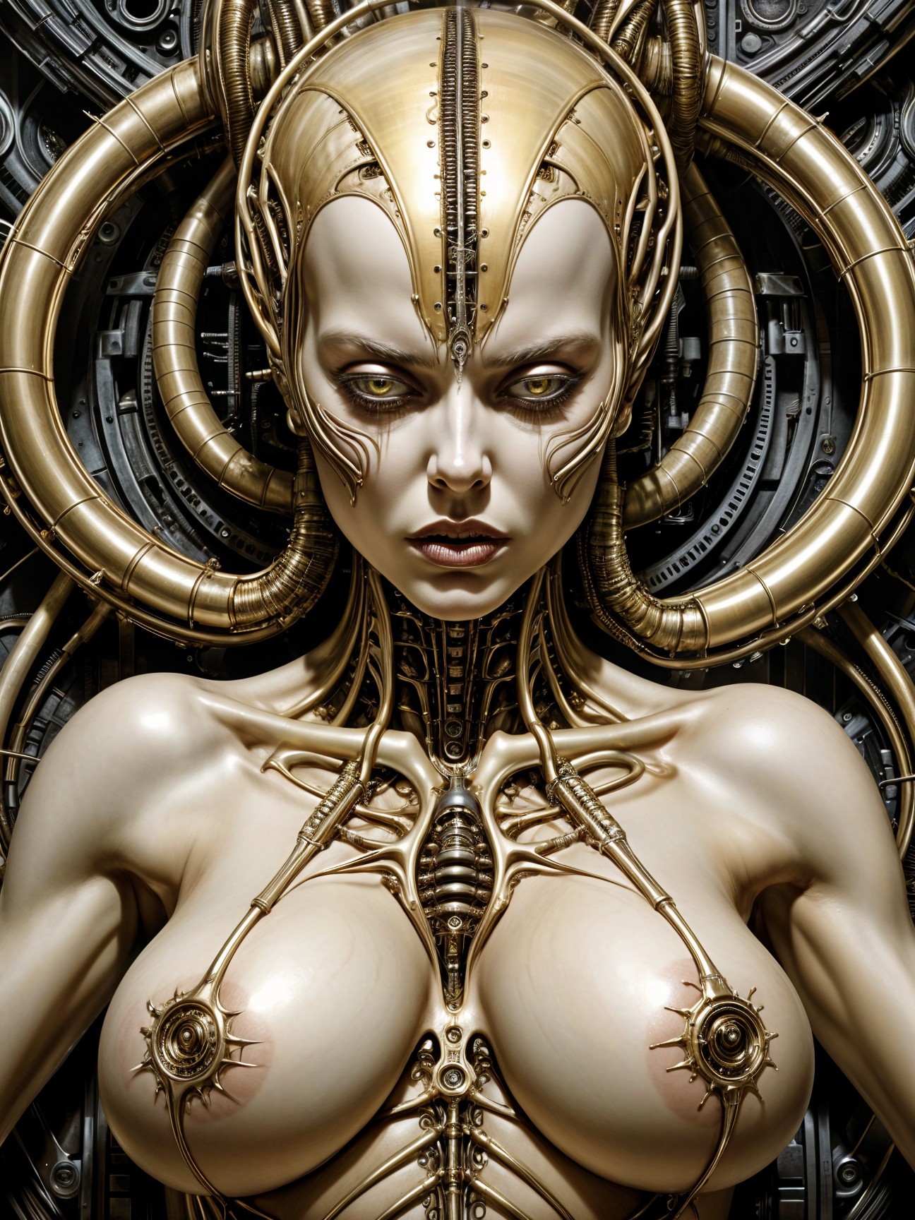 Futuristic humanoid figure with metallic exoskeleton