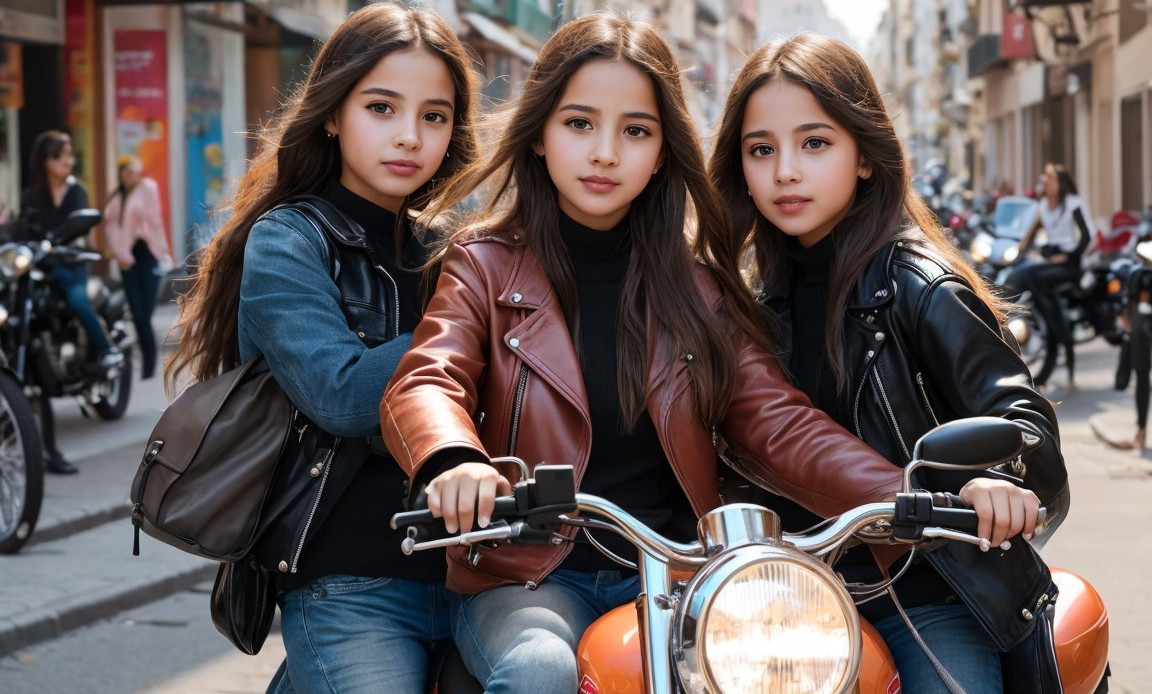 Three girls in leather jackets on a scooter in city.