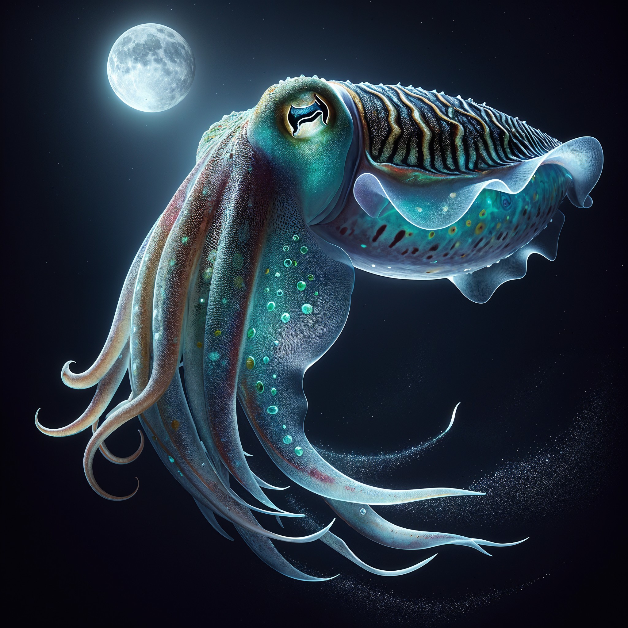 Iridescent squid gliding in moonlit underwater scene