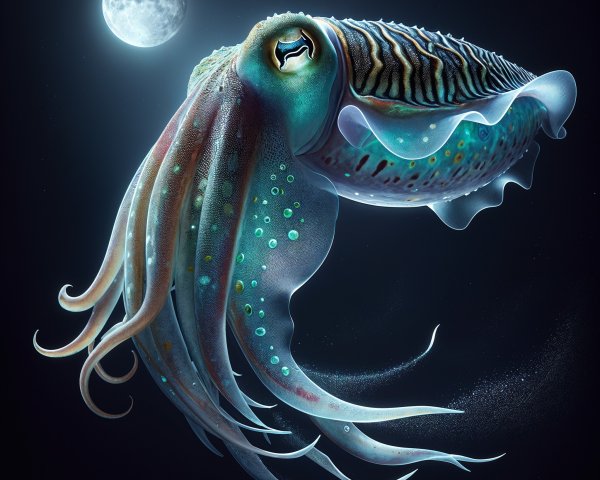 Iridescent squid gliding in moonlit underwater scene