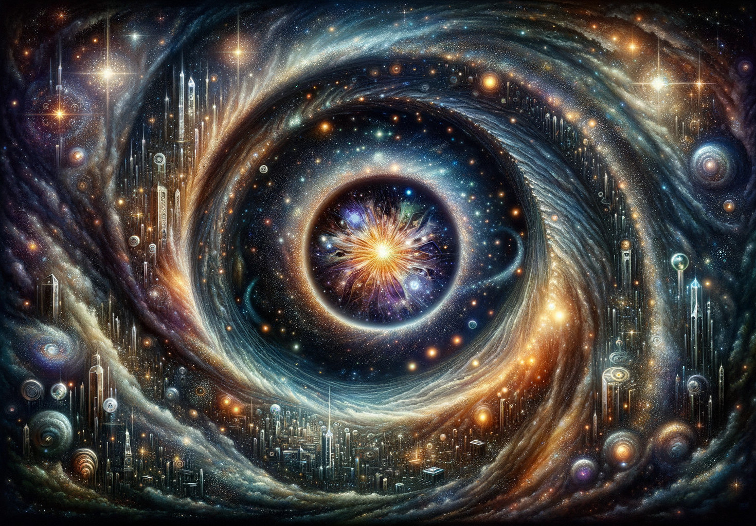 Cosmic Scene of Star Birth and Swirling Galaxies