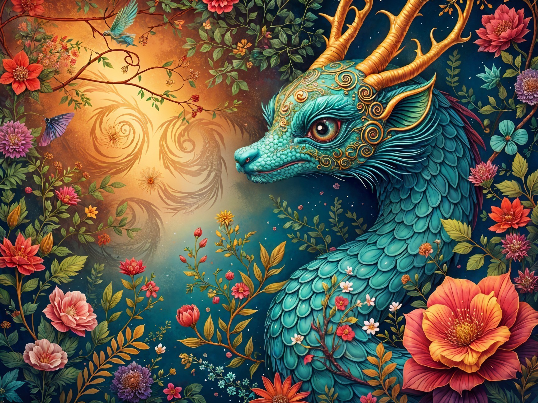Fantastical Dragon-Like Creature in Floral Setting
