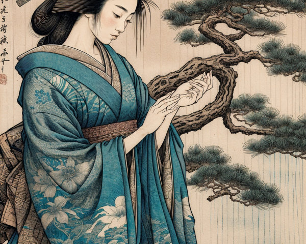 Tranquil Japanese Woman in Blue Kimono with Pine Tree