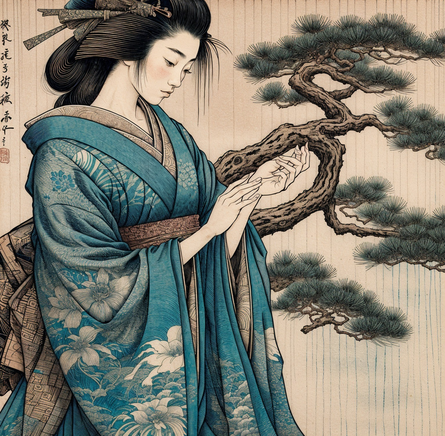 Tranquil Japanese Woman in Blue Kimono with Pine Tree
