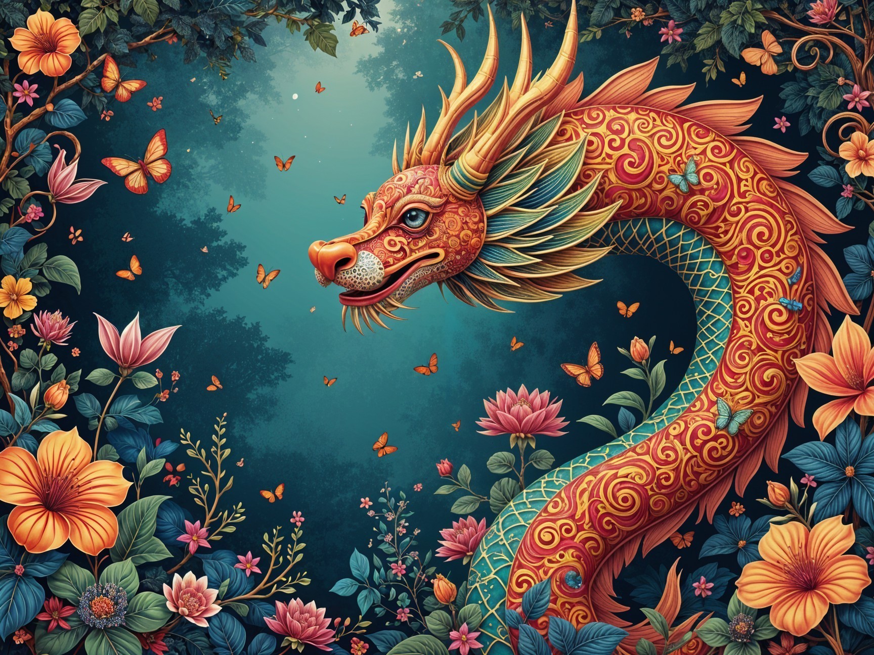 Ornate dragon in a vibrant, lush landscape scene