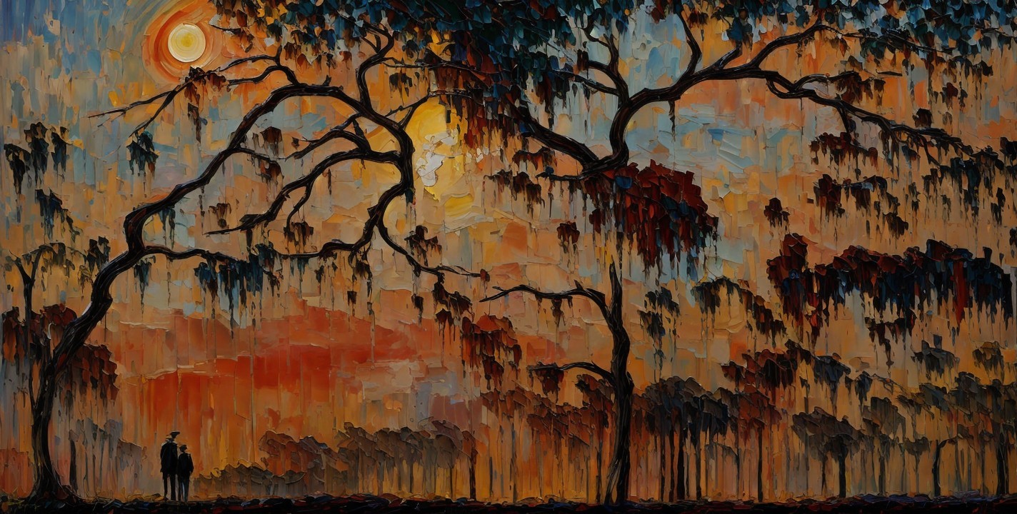 Vibrant sunset landscape painting with silhouetted figures