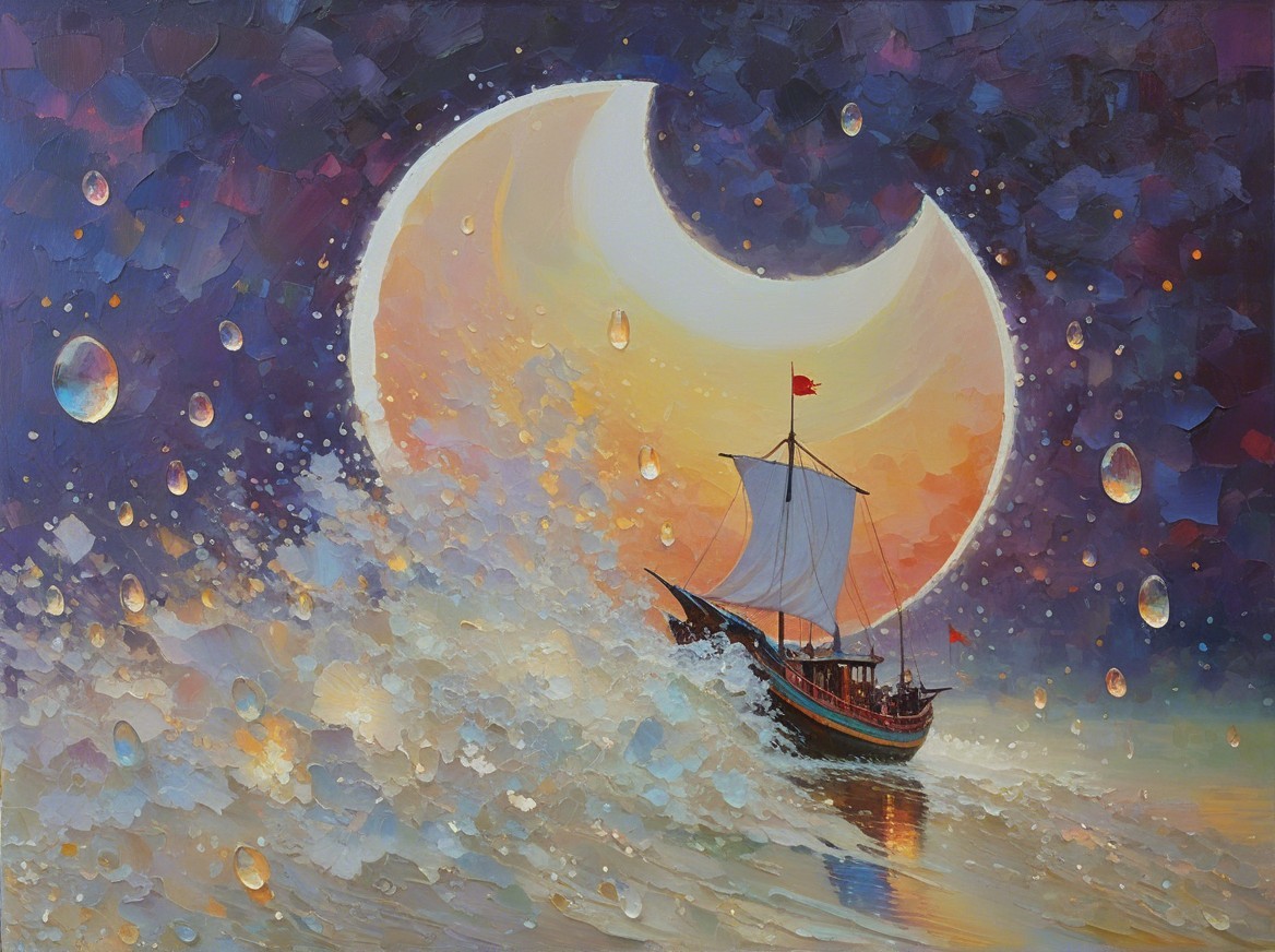 Vibrant Painting of Sailboat Under Crescent Moon