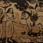 Vibrant sunset landscape painting with silhouetted figures