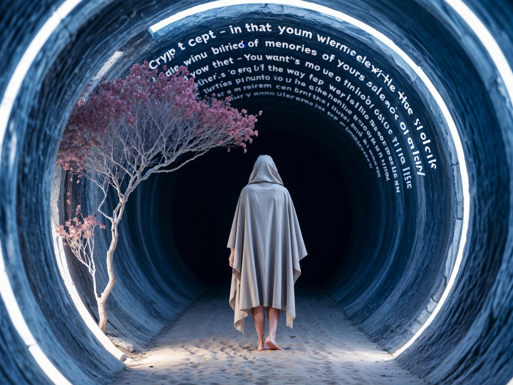 Cloaked Figure in Mysterious Circular Tunnel Scene