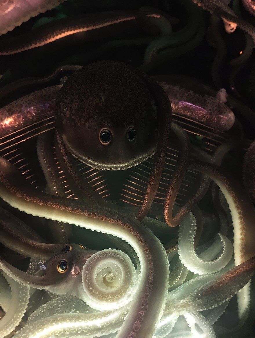 Underwater Scene with Intertwined Octopuses and Colors