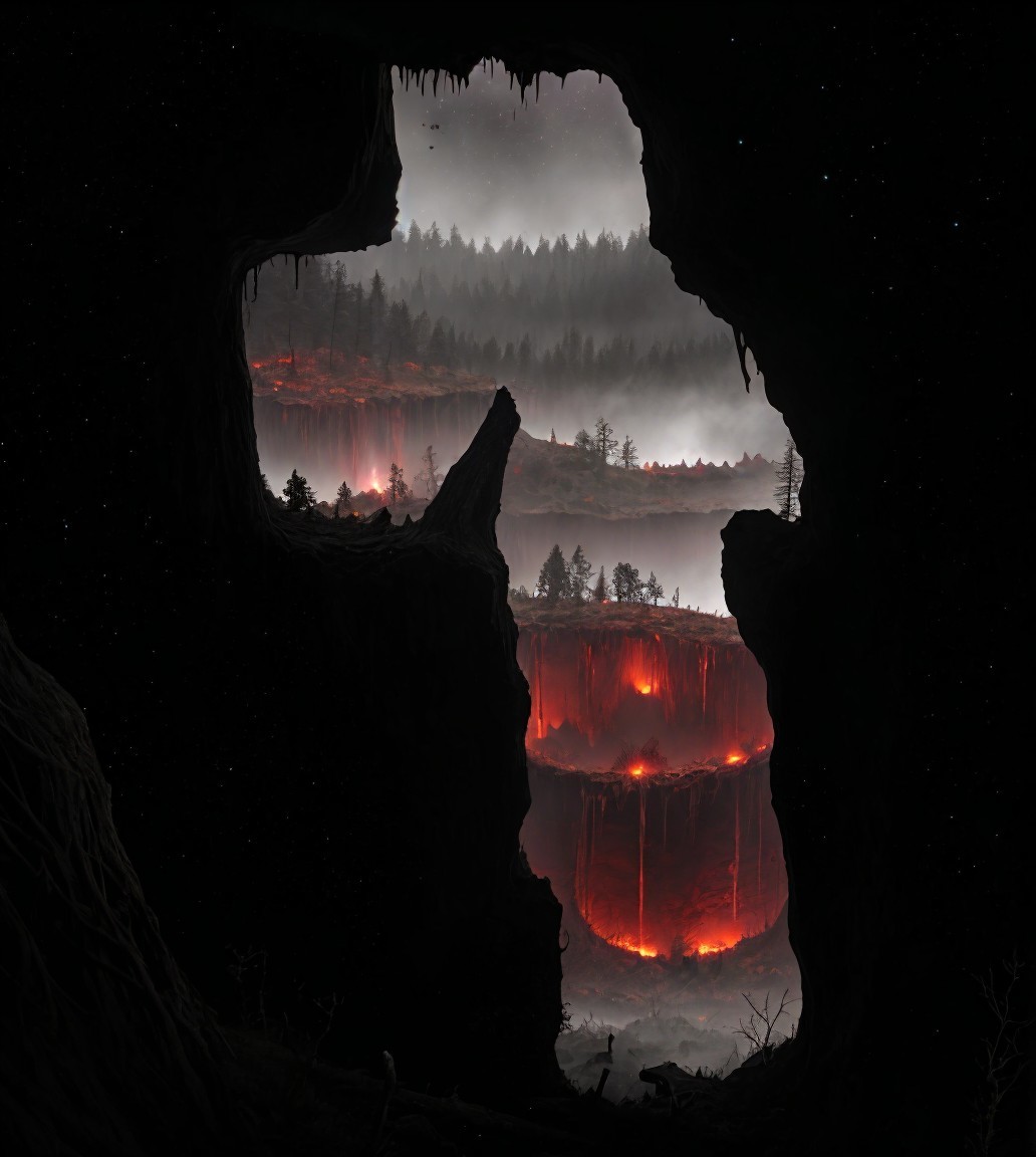 Cave Opening View of Night Landscape with Eruption