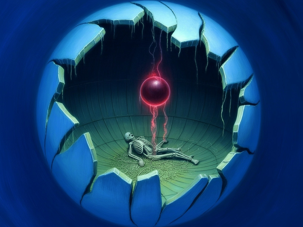 Cracked Void with Skeleton and Glowing Red Sphere