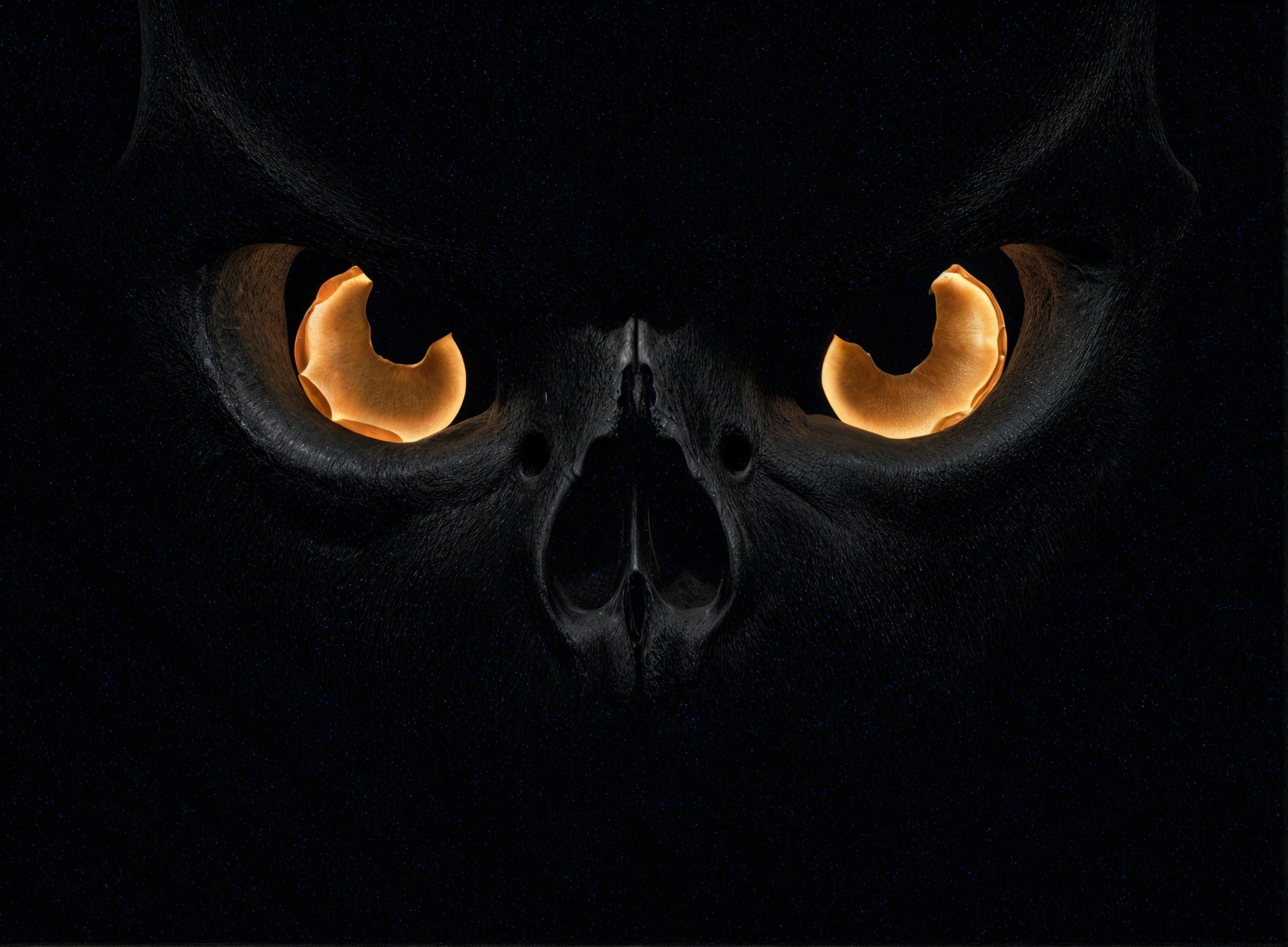 Dark Skull with Glowing Orange Eyes on Black Background