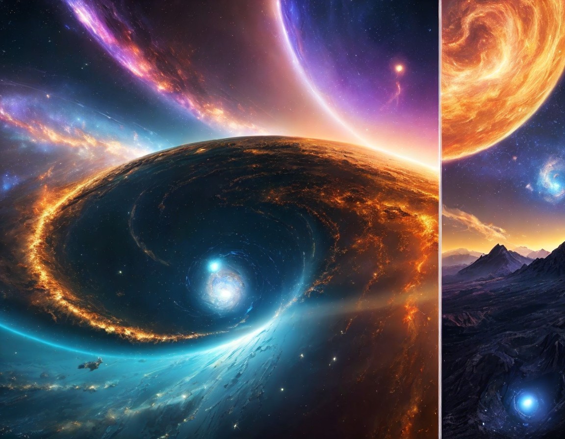Vibrant Cosmic Scene with Galaxy and Mountain Landscape