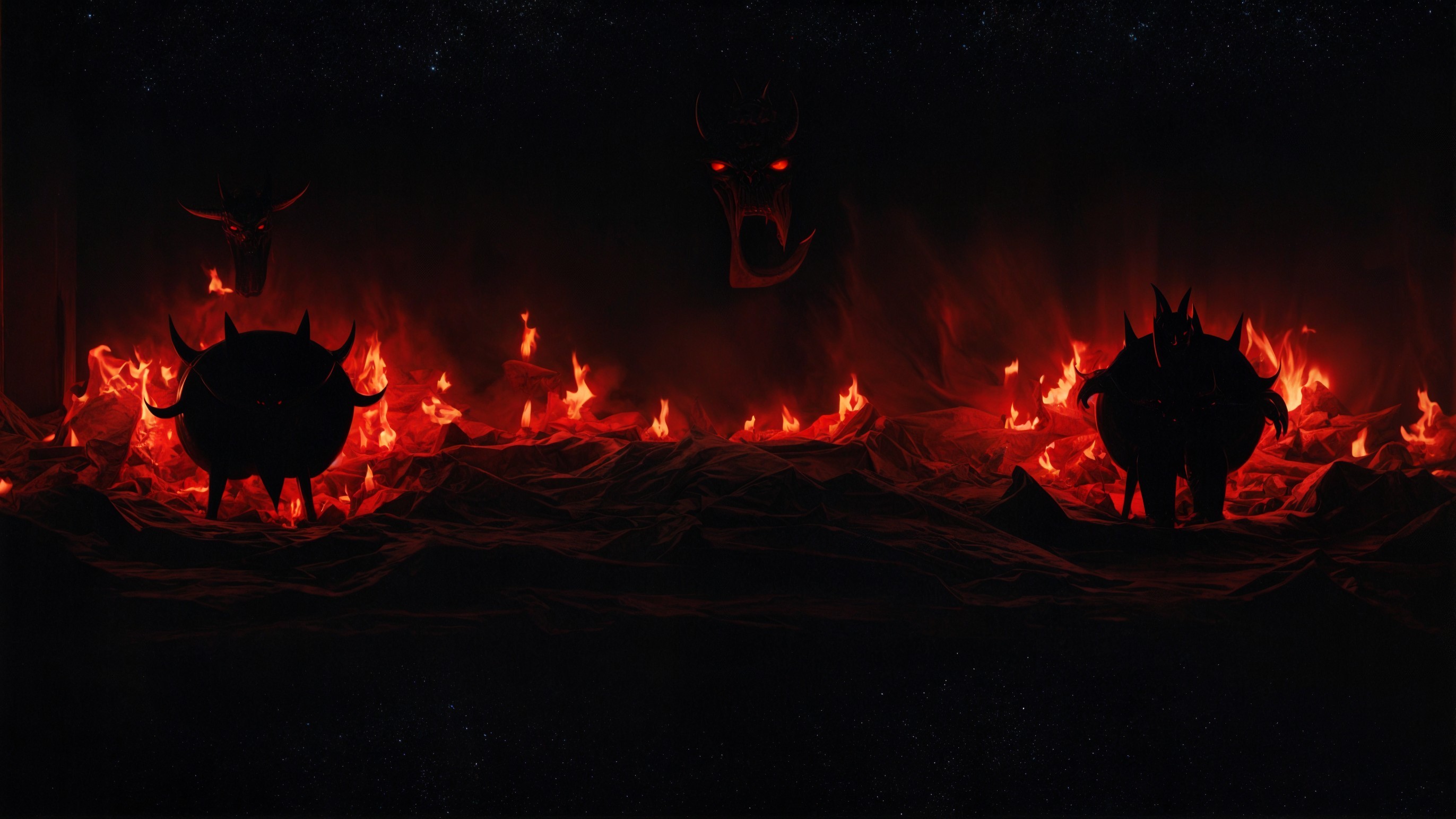 Panoramic Dark Landscape with Fiery Demonic Creatures