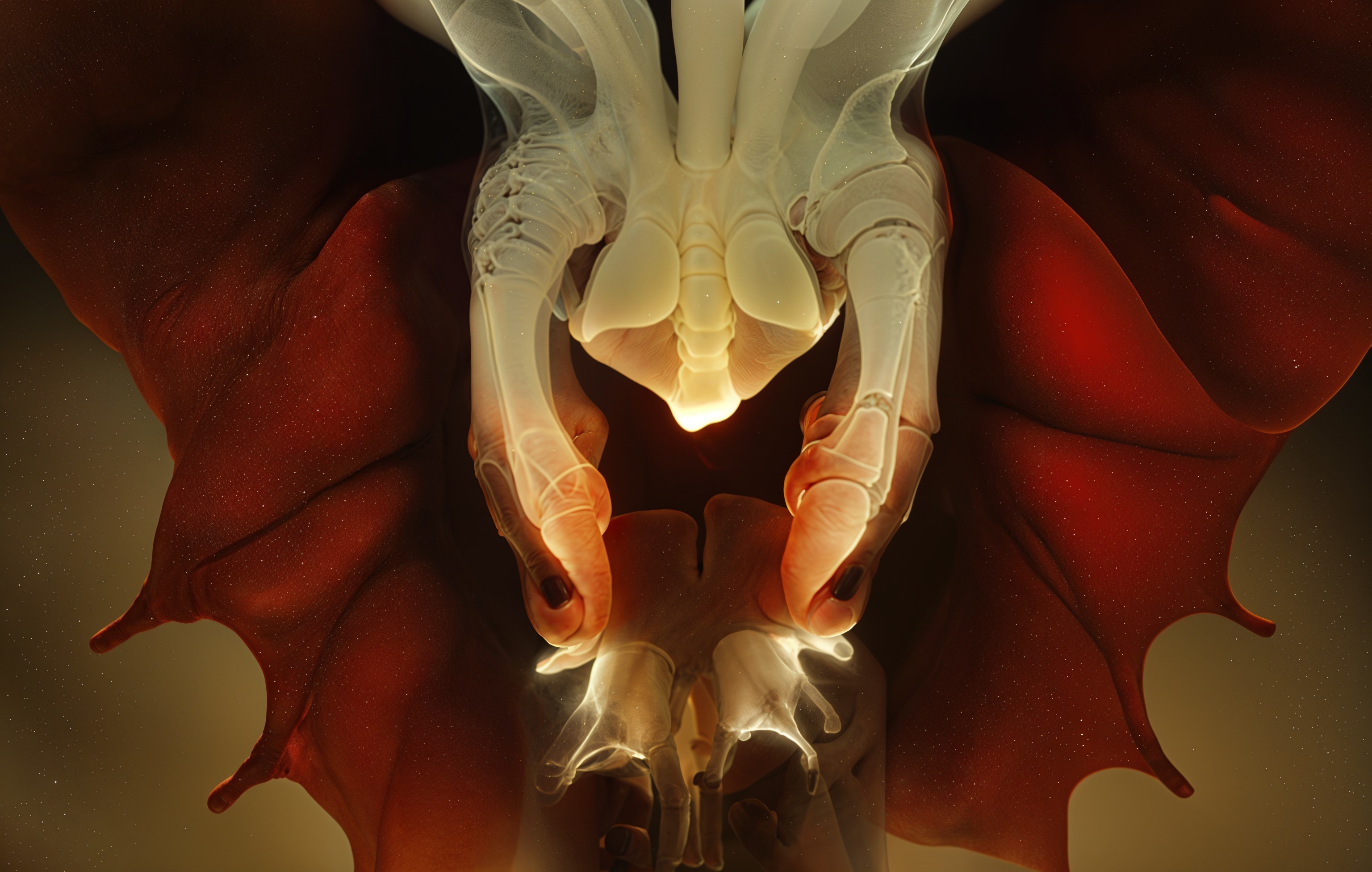 Surreal Art of Skeletal Hands Cradling a Skull