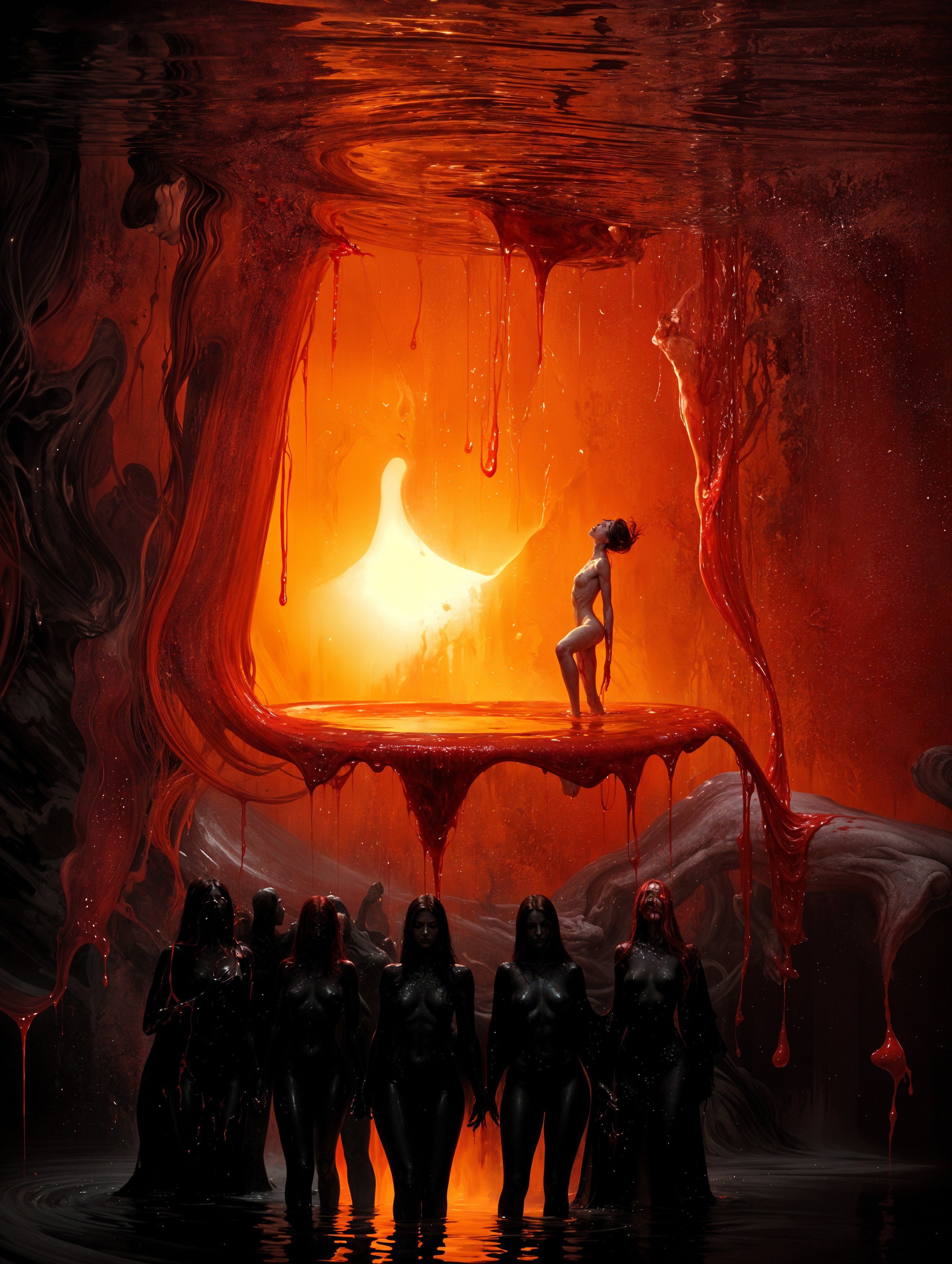 Surreal Scene with Glowing Light and Shadowy Figures