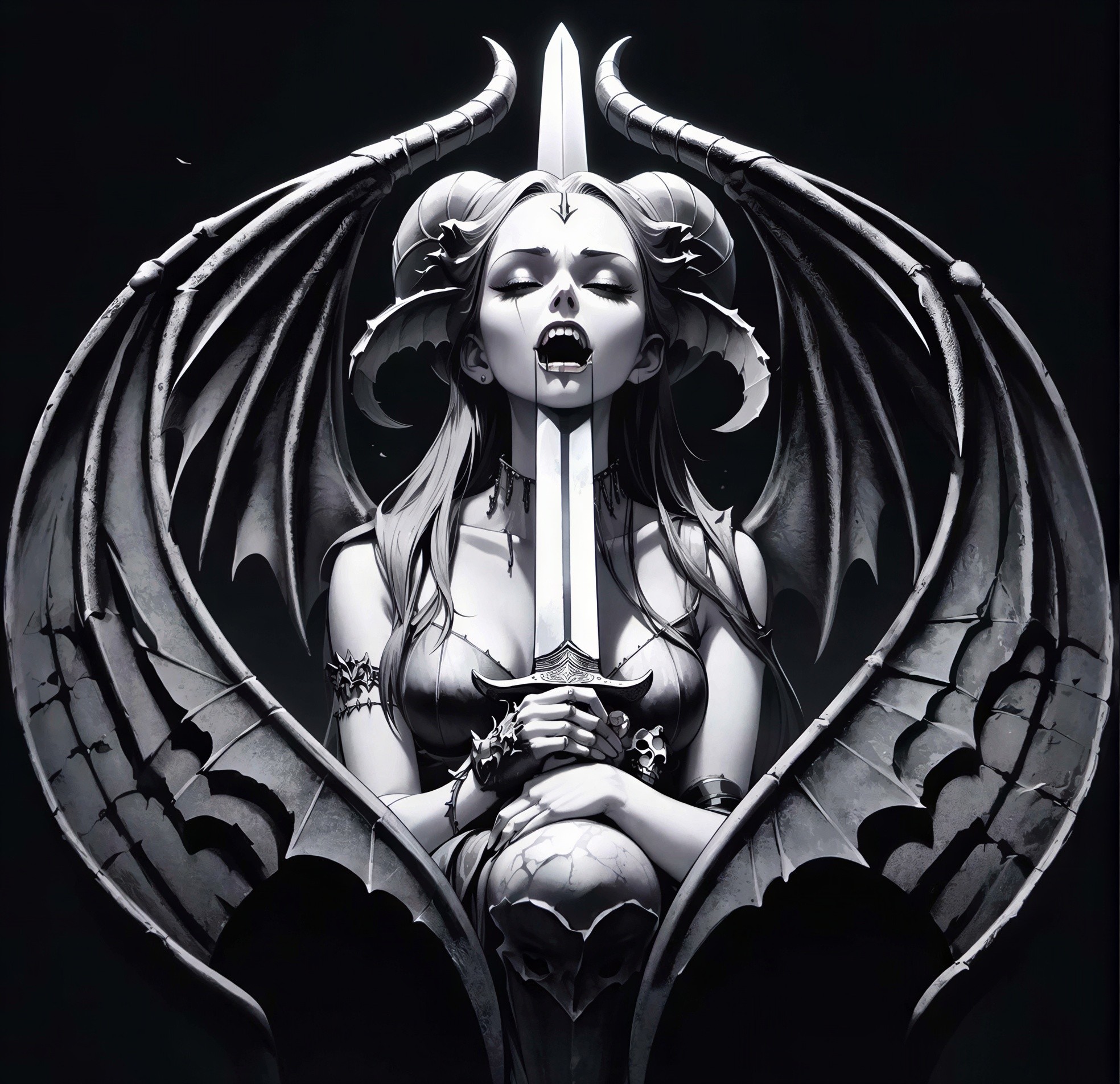 Detailed Black and White Demoness Digital Painting