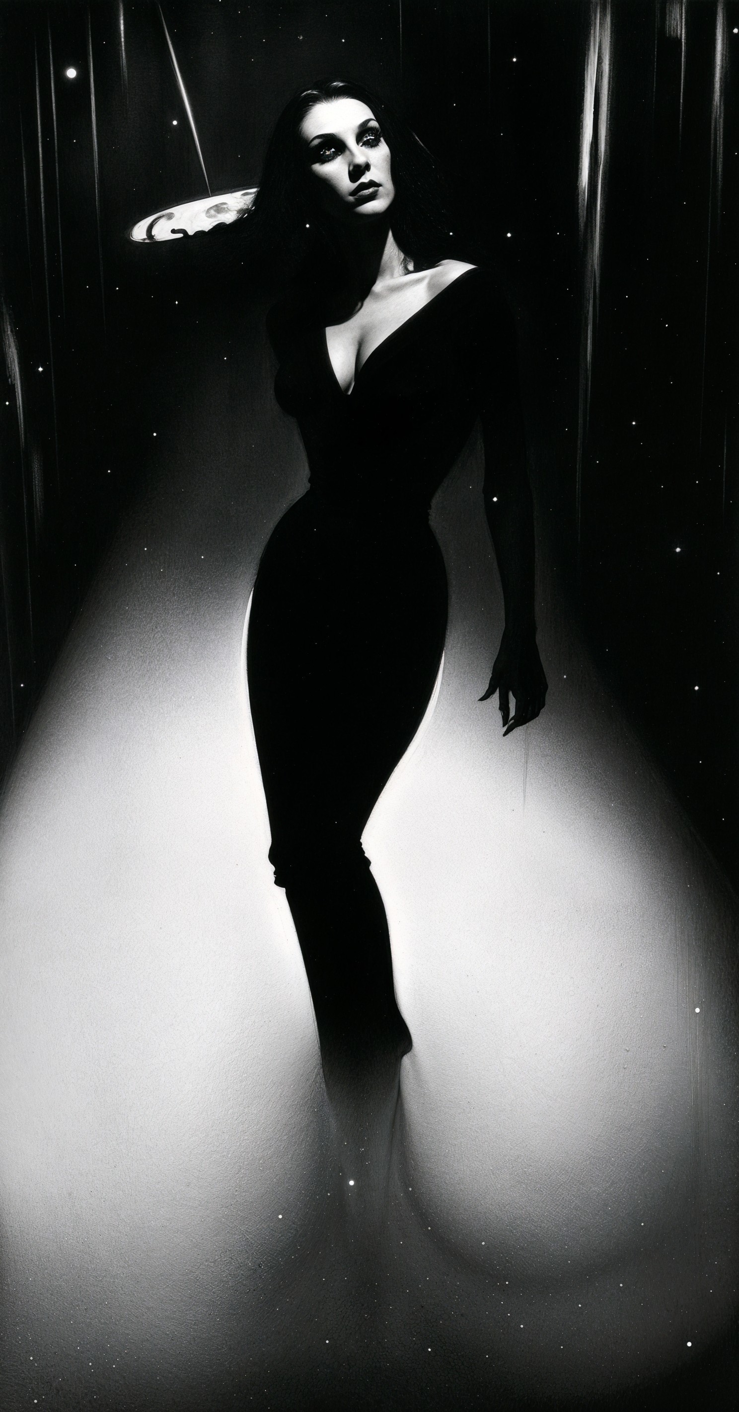 Dramatic Black-and-White Illustration of a Mysterious Woman