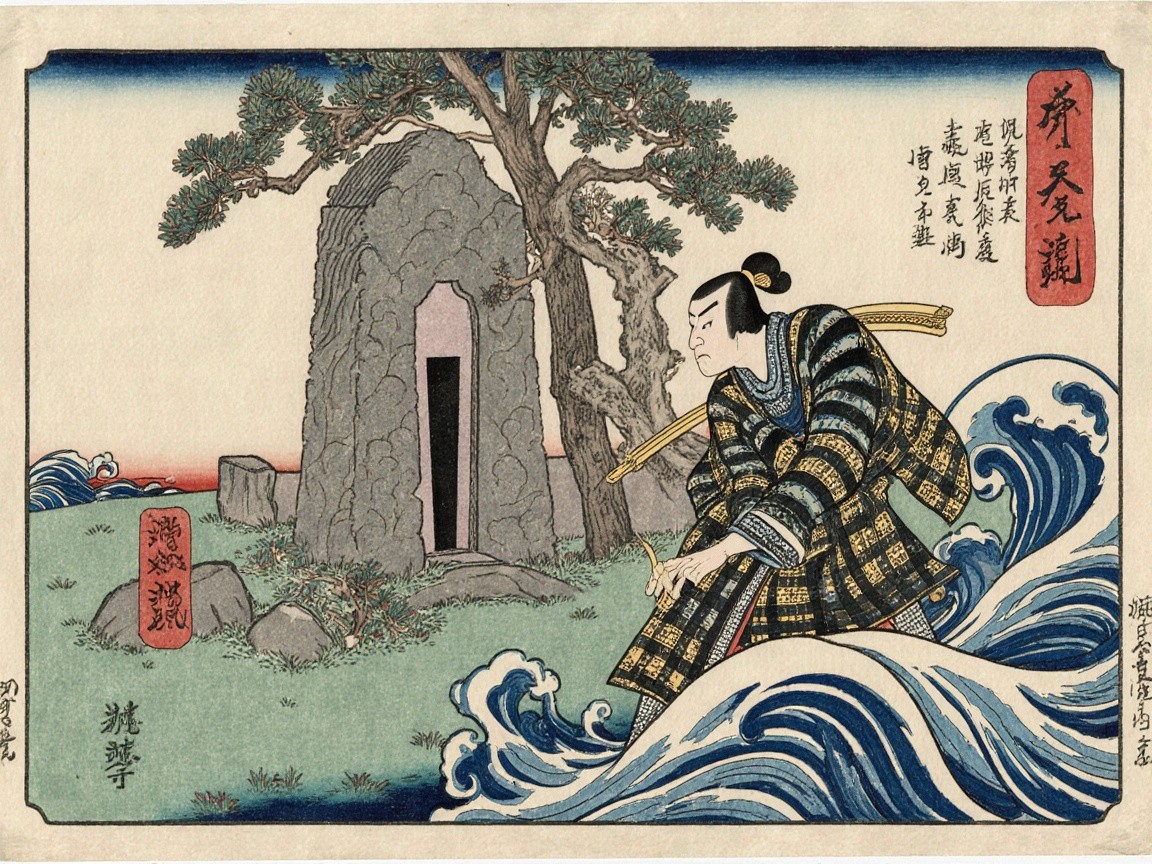 Dramatic Japanese Woodblock Print of Samurai at Sea