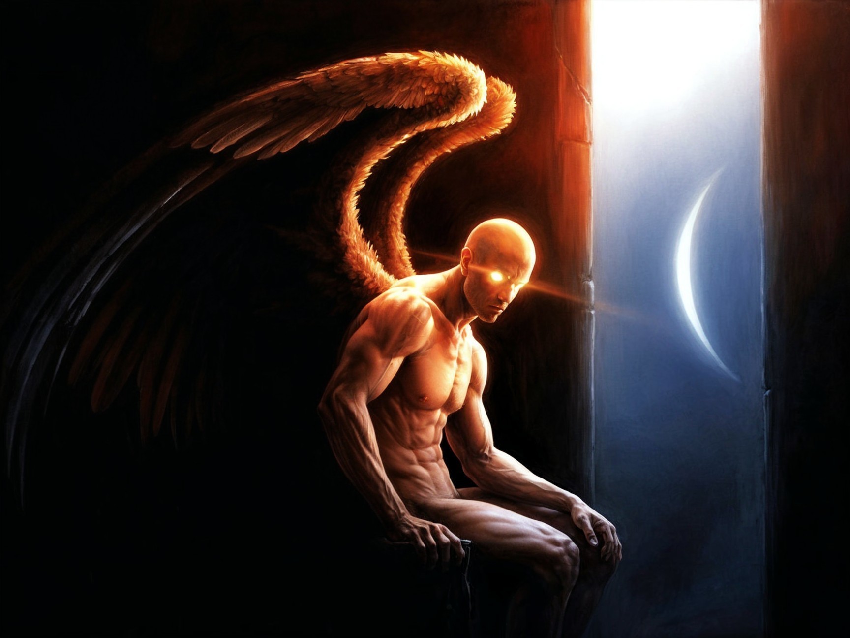 Androgynous figure with wings in a dimly lit space