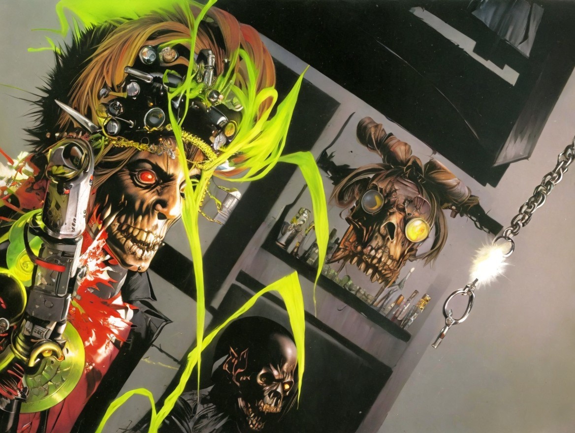 Illustration of Cybernetic Skulls with Glowing Eyes