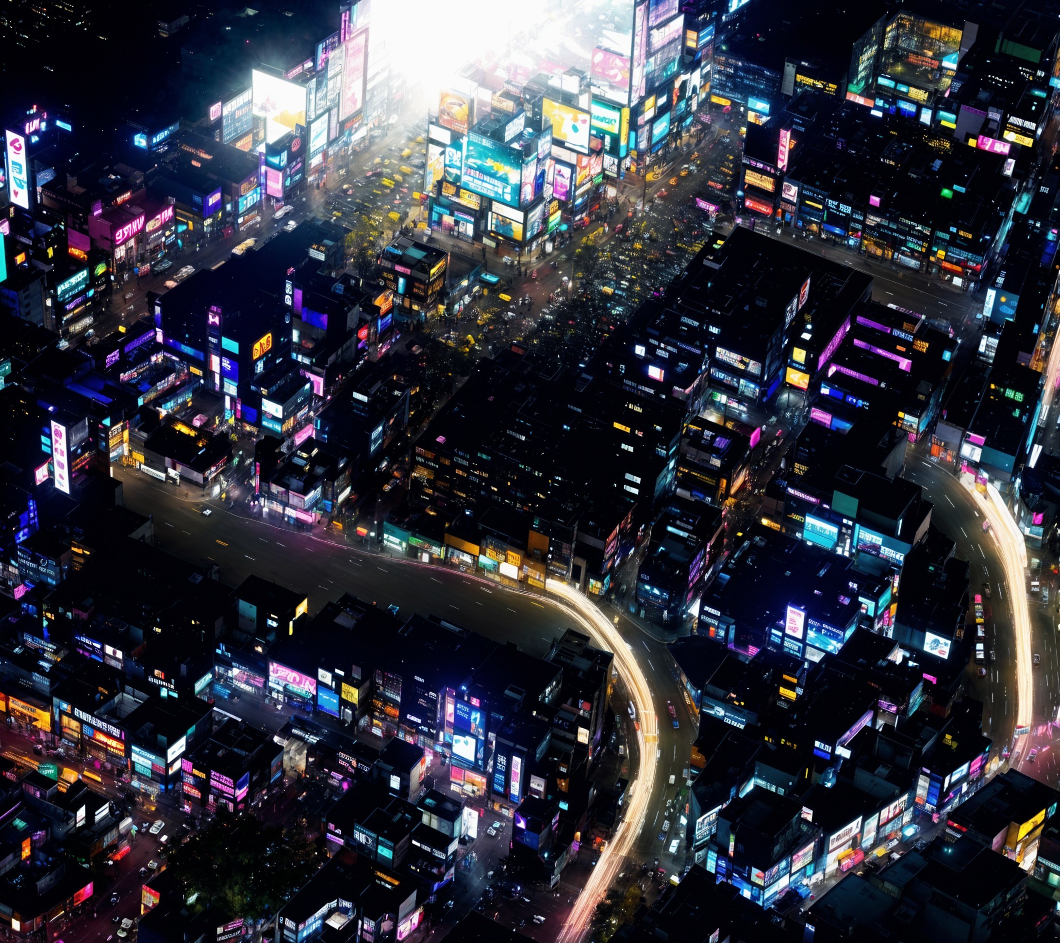 Vibrant Night Cityscape with Neon Lights and Skyscrapers