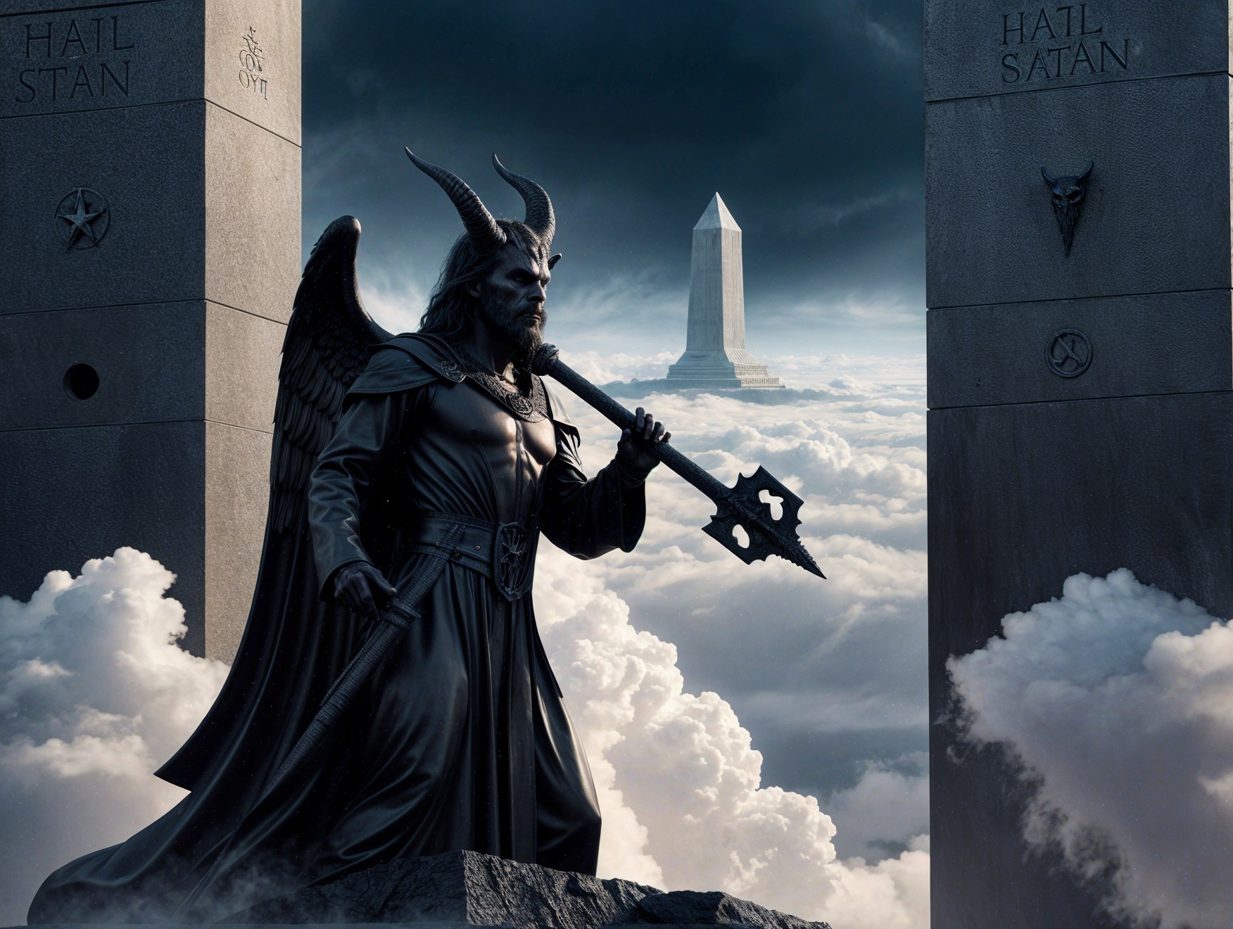 Dramatic statue of a horned figure with trident