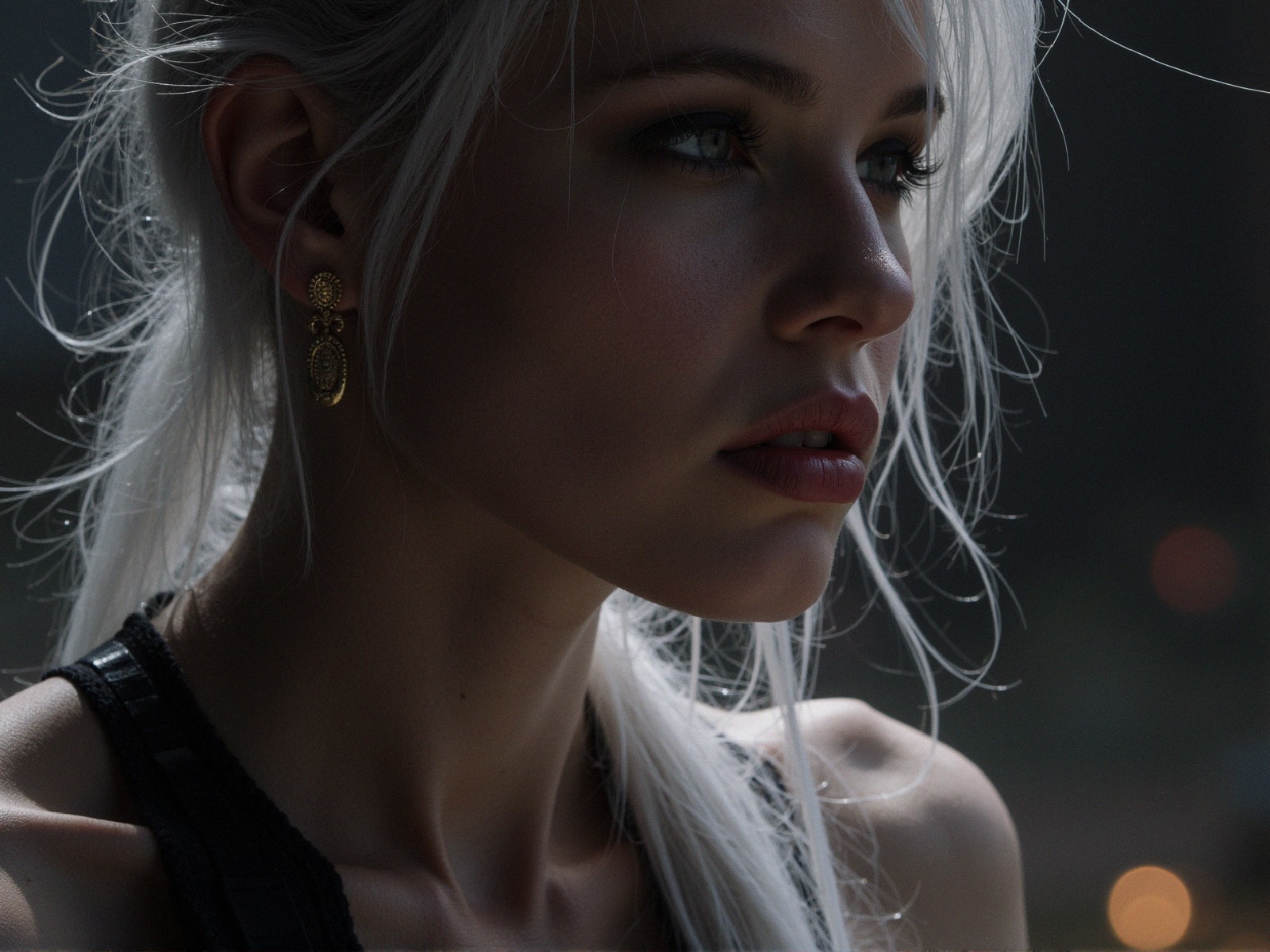 Close-Up Profile of a Woman with White Hair and Earring