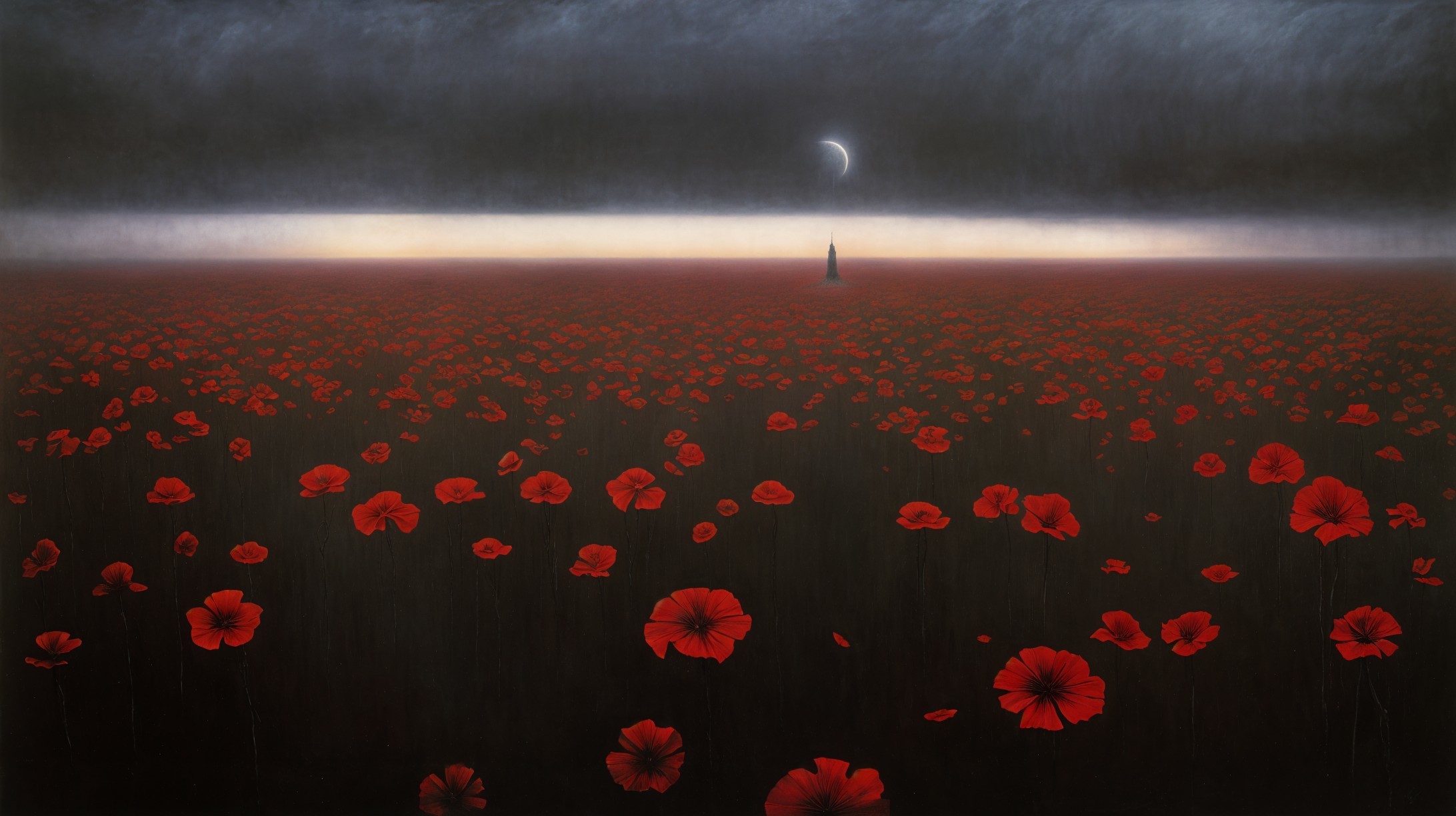 Vibrant Red Poppy Field Under Dramatic Sky