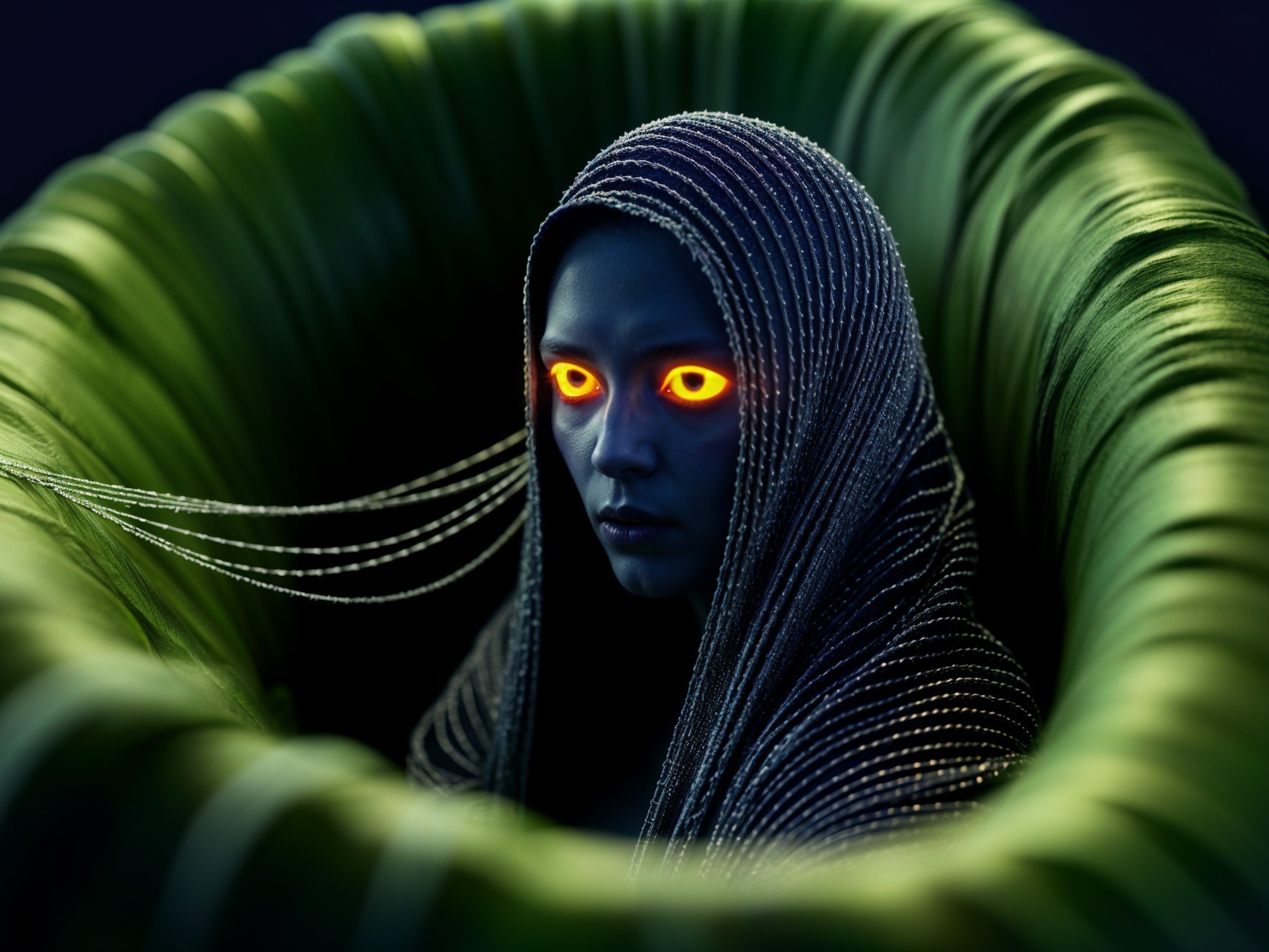 Mysterious figure with glowing eyes in dark hood