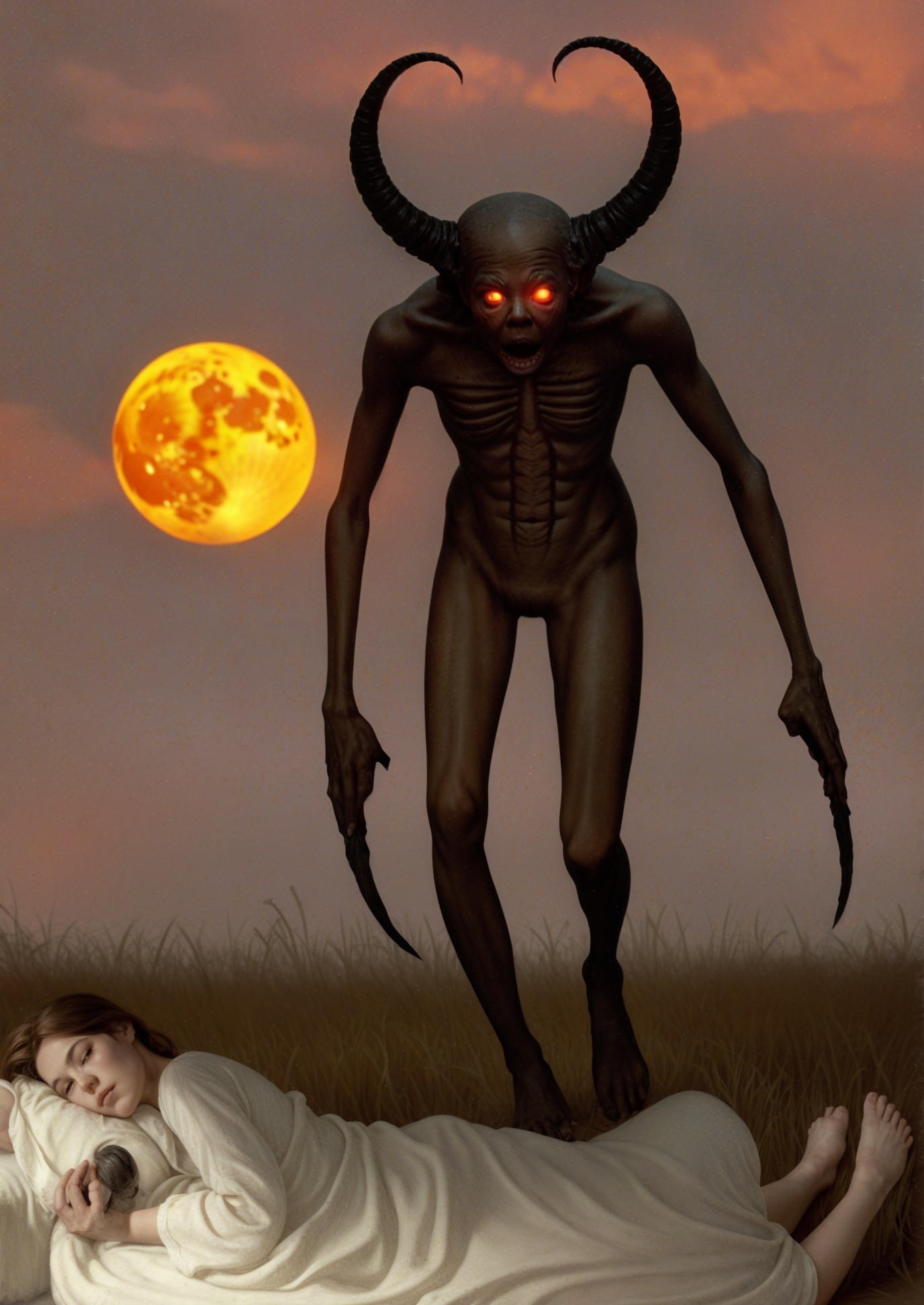 Woman Sleeping in Field with Ominous Figure Behind