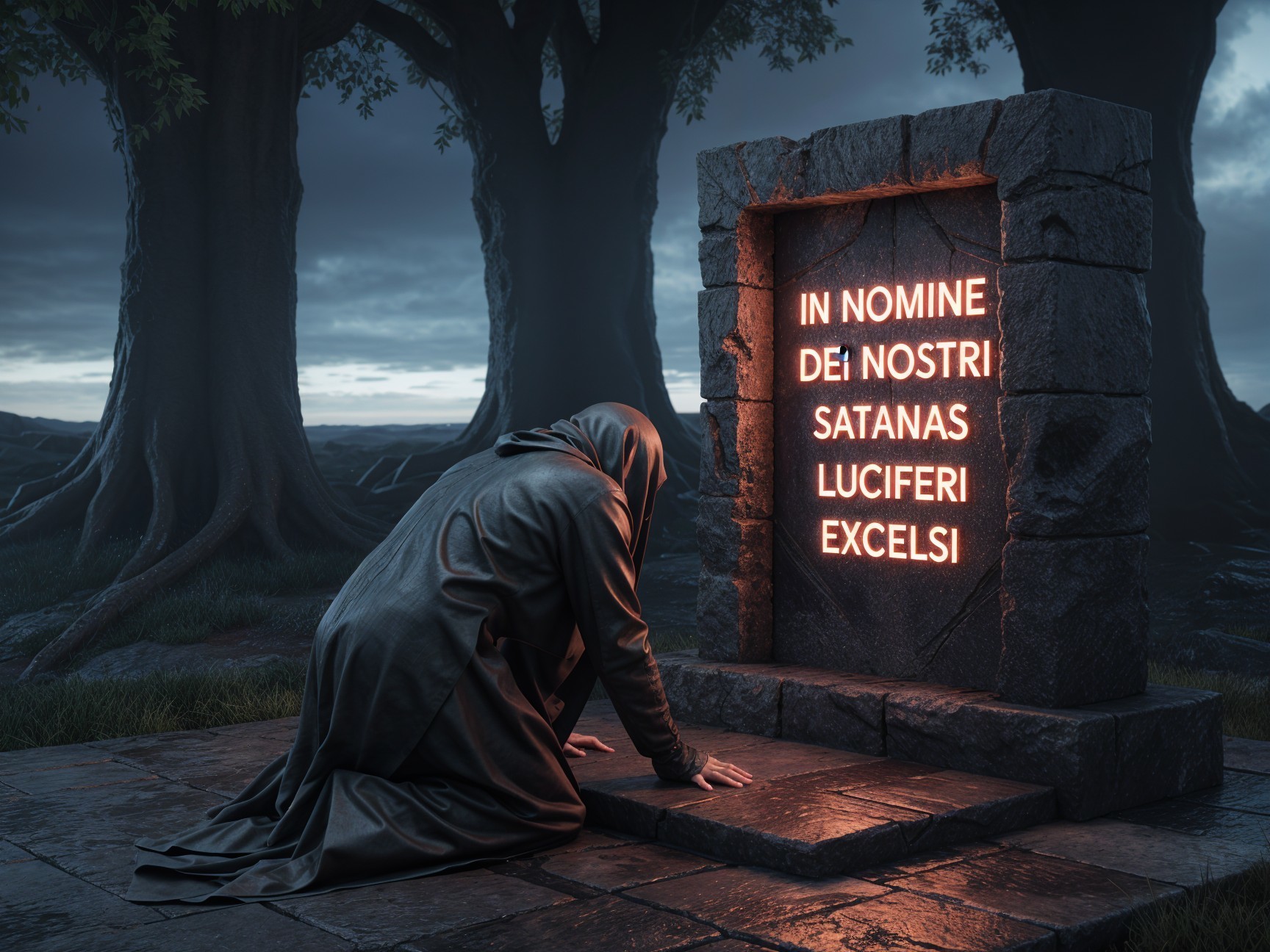Hooded Figure at Stone Altar in Mystical Landscape