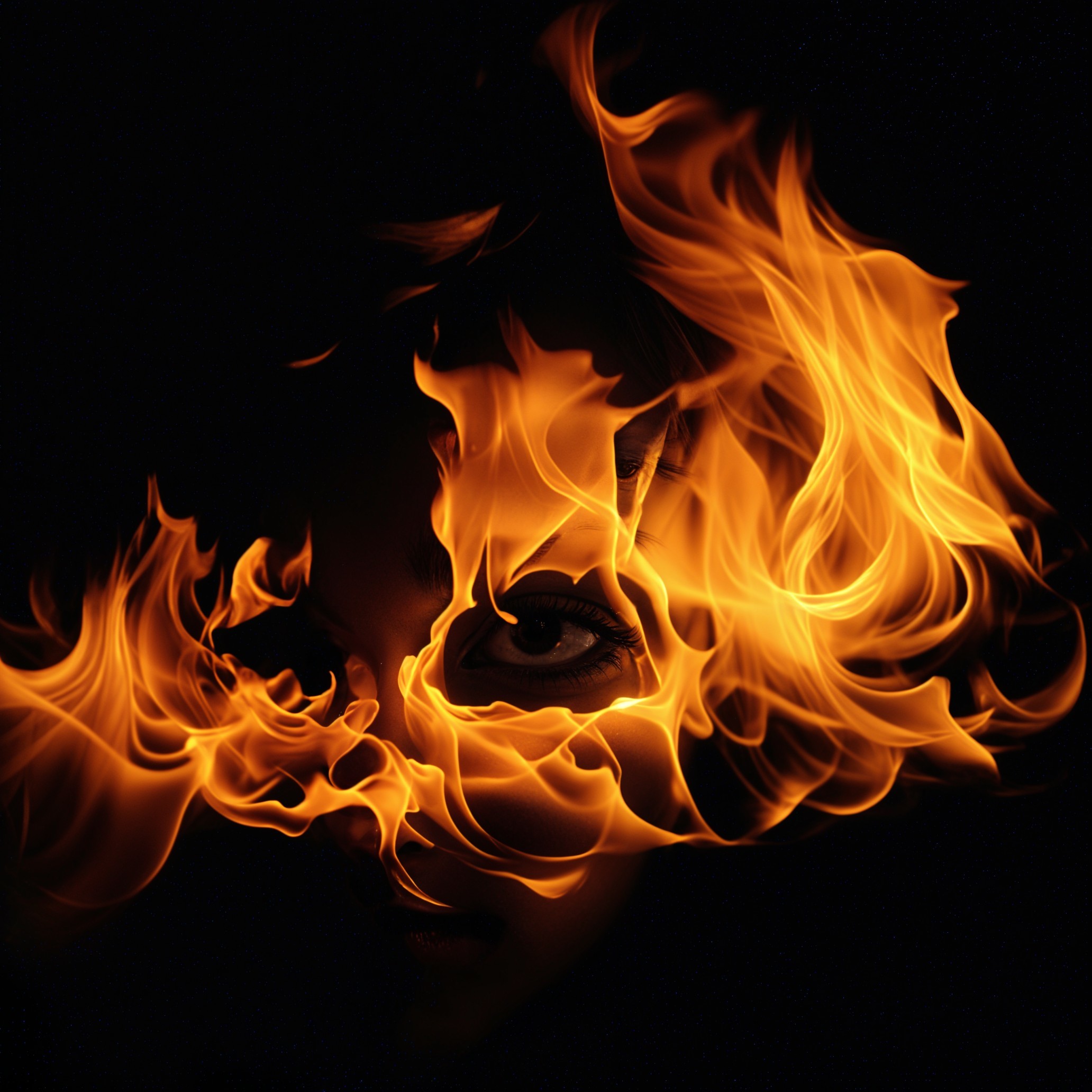 Face Partially Obscured by Vibrant Flames and Shadows