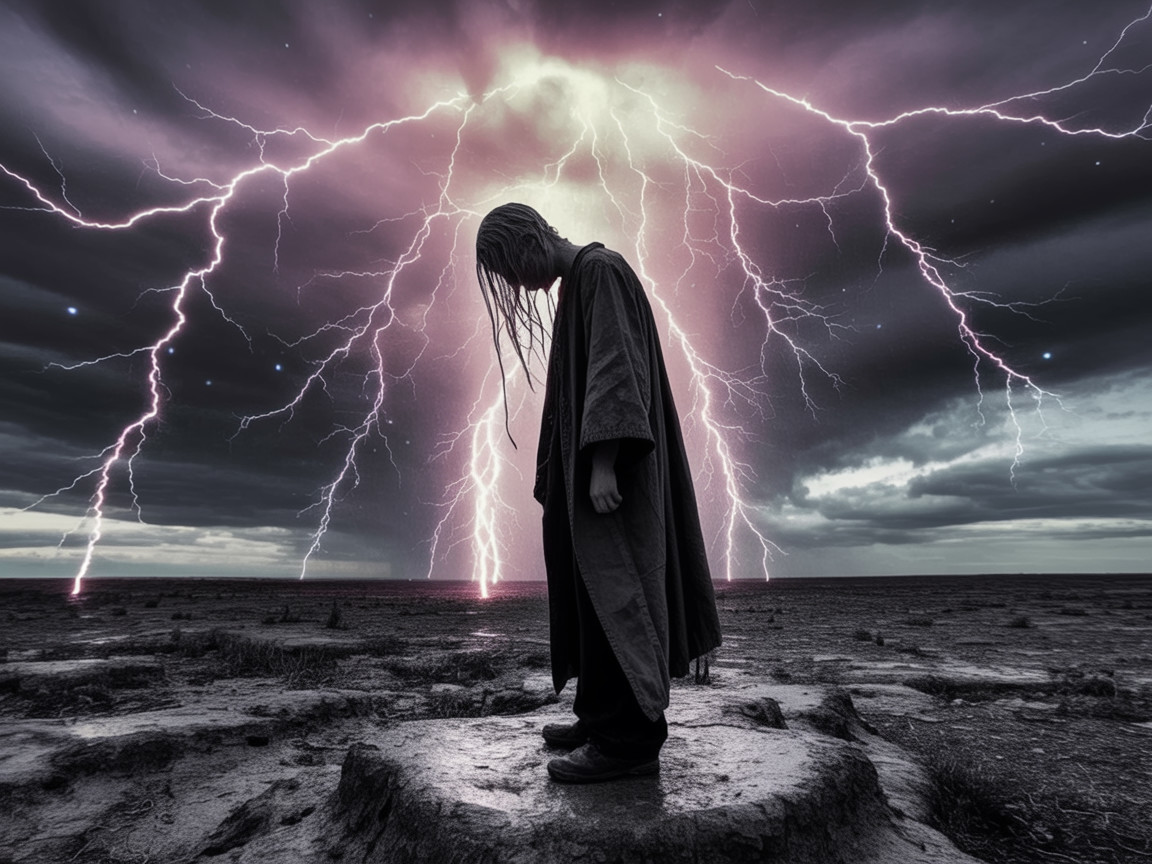 Somber Figure in Dark Cloak on Barren Landscape