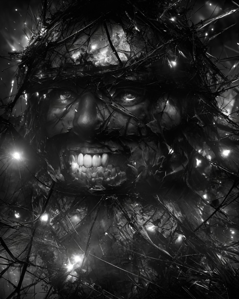Sinister figure with glowing eyes entangled in branches